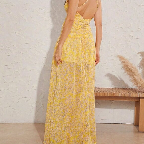Boho Women's Draped Ruffle Split Thigh Maxi Dress Yellow - Picture 3 of 6